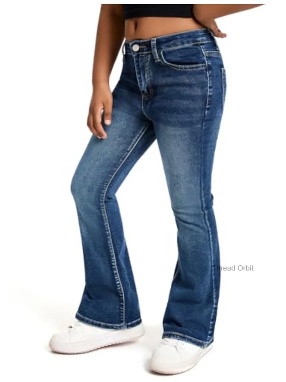 Girls Ripped Flared Jeans Bell Bottoms Retro Denim Pants High Waist Skinny